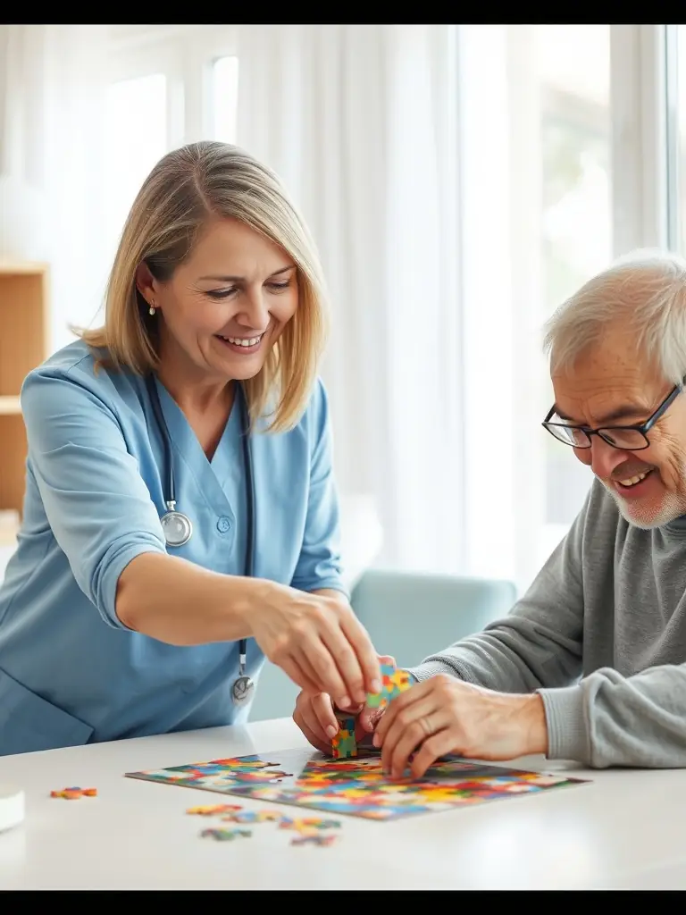A comforting image of a caregiver and an elderly person engaged in a cognitive activity, such as puzzles or memory games, promoting mental stimulation.