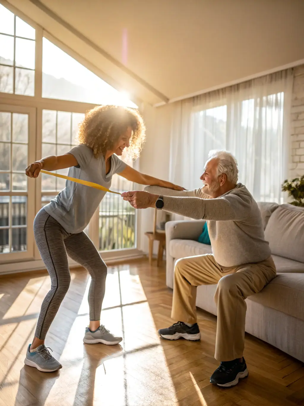 A caregiver assisting an elderly person with gentle exercises, promoting physical well-being and mobility.