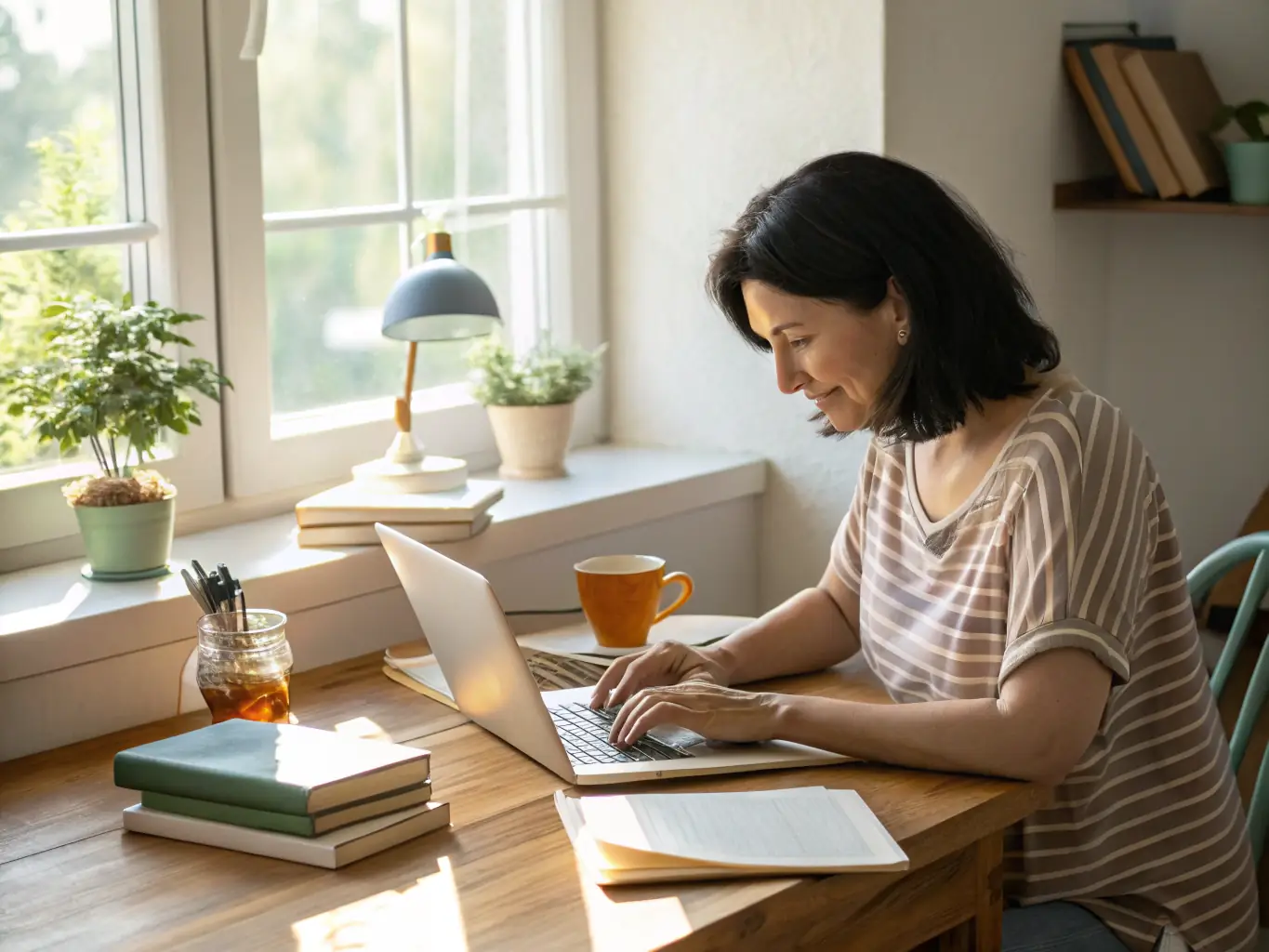 An image of a caregiver using a laptop to access online resources, such as articles, forums, and support communities. The caregiver appears focused and determined, highlighting the importance of accessible information.