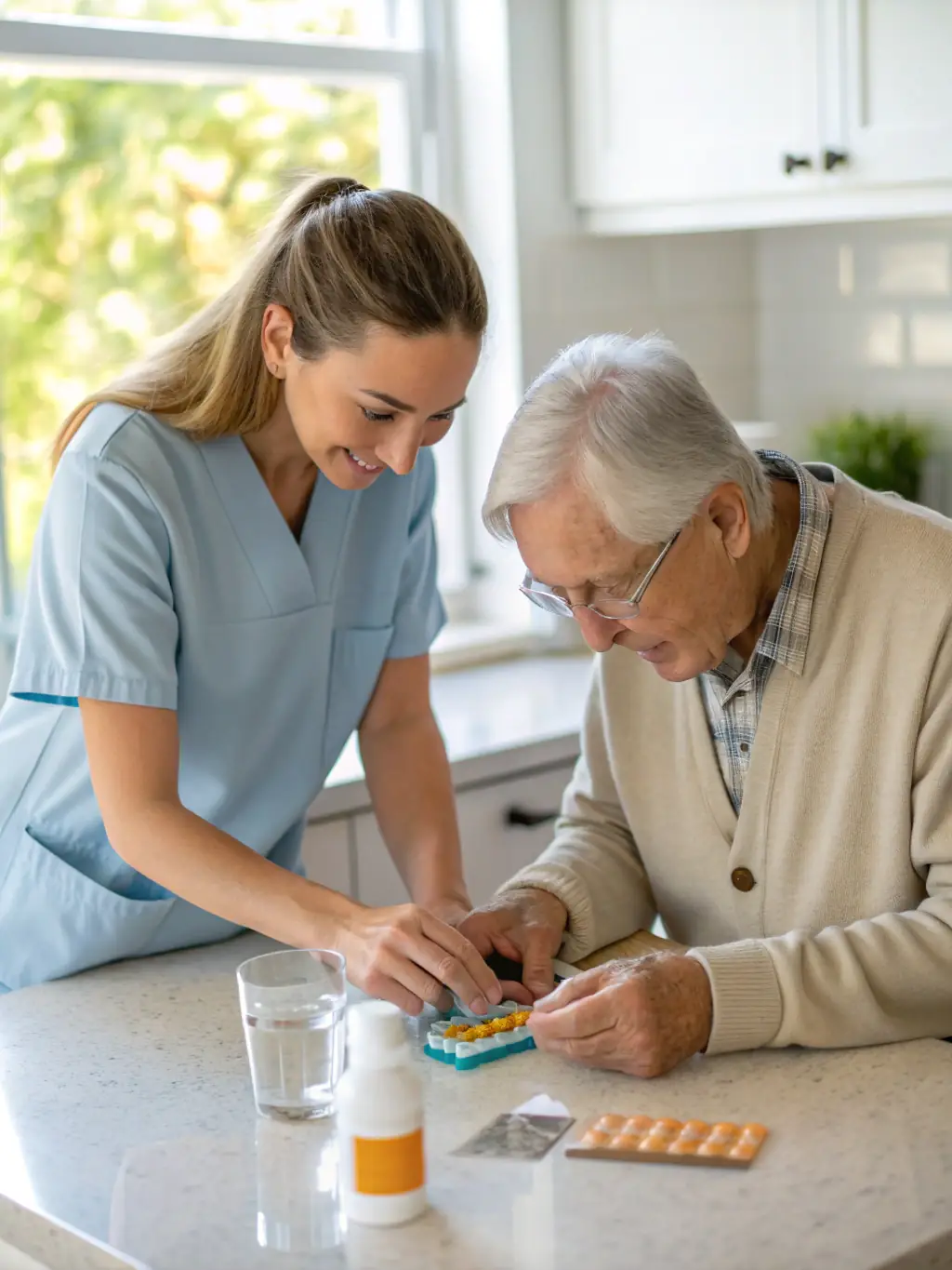 An elderly person smiling while receiving assistance with medication from a caregiver, highlighting medication management.