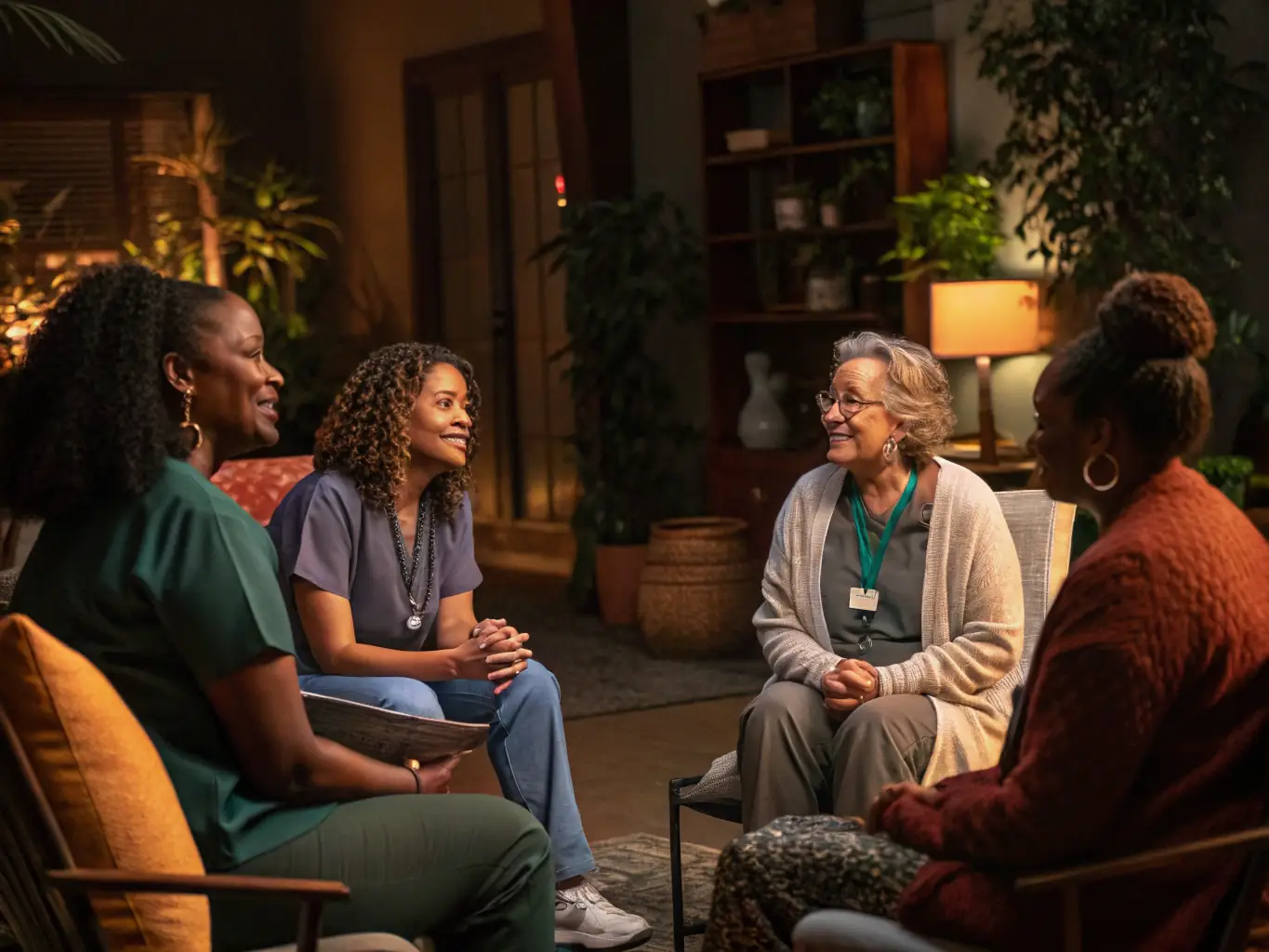 A serene image of a support group meeting, with caregivers sharing experiences and offering each other comfort and understanding. The setting is a brightly lit, comfortable room, symbolizing a safe and supportive environment.