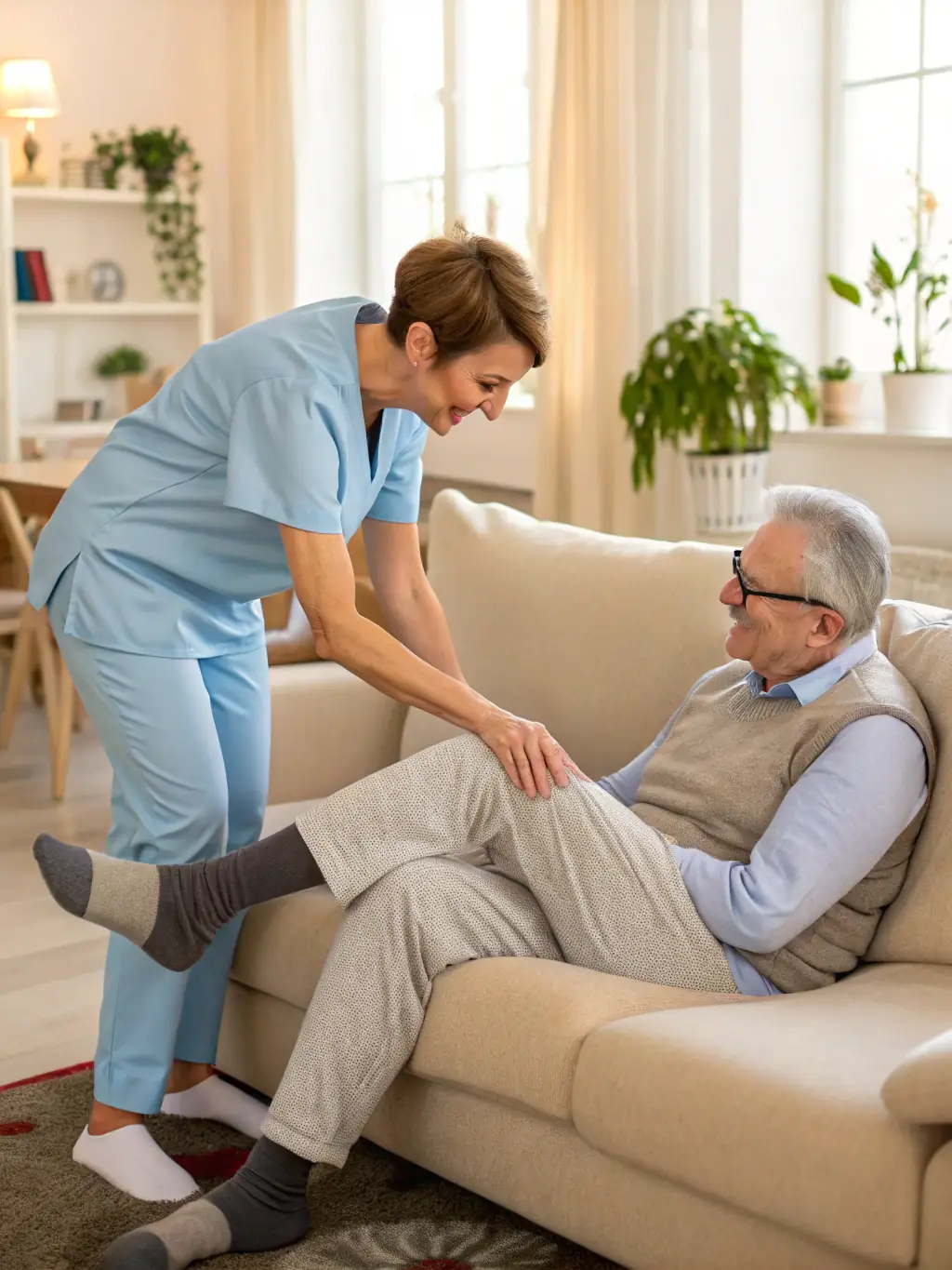 A supportive image of a caregiver and an elderly person participating in a gentle exercise class, highlighting physical well-being.